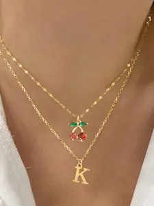 Cherry & Lip Design Pendant Necklace, Stainless Steel Layered Chain for Women, Fashion Jewelry for Party, Daily Decor, Trendy All-match & Exquisite Jewelry for Birthday Gift, Necklace Set