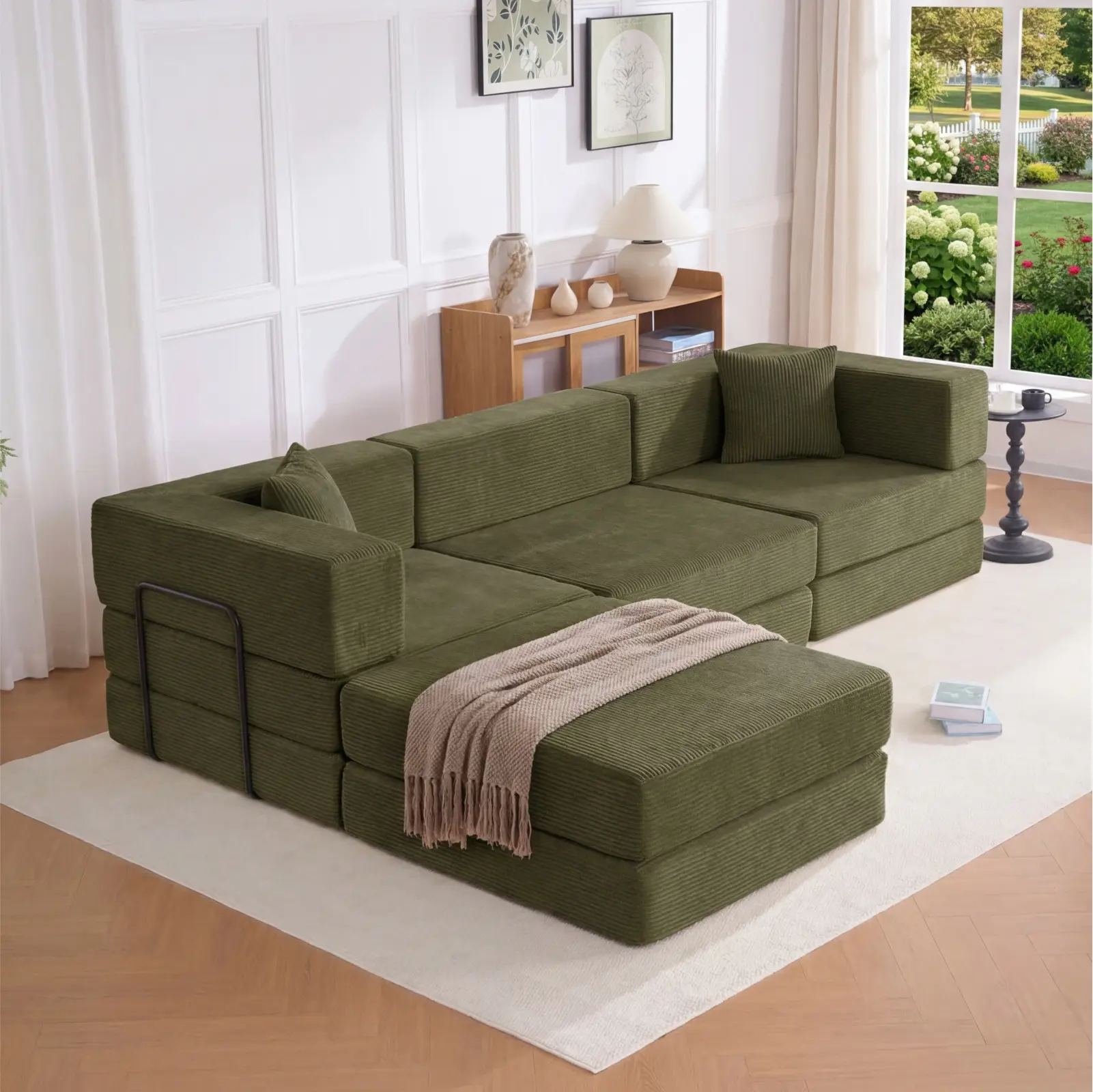 【Sub 2 packages】Niccae 118" Corduroy Modular Sectional Sofa with Fixed-Shape Frame & Pillows, Convertible L-Shape Free Combined Sleeper Sofa Bed, Oversized Floor Couch for Living Room, No Assembly Required