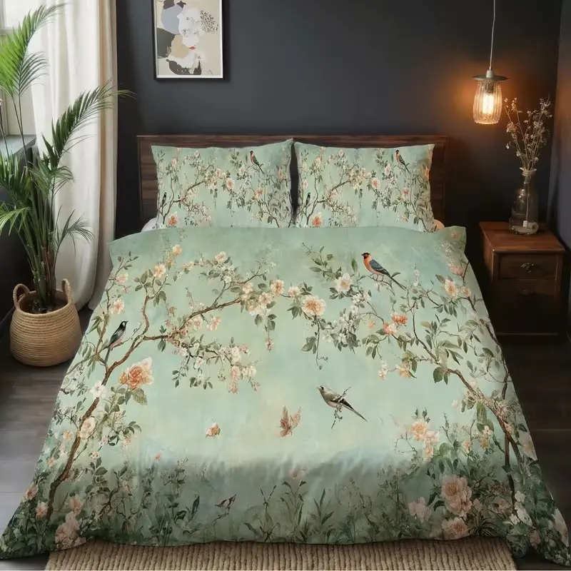 Vintage floral print bedding set, Soft Bedding Sets, featuring a three-piece design that includes 1 quilt cover and 2 pillowcases (unfilled), in light green, perfect for cozy home decor