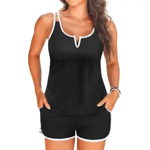 Aqua Eve Tankini with Shorts - Two Piece Tummy Control Swimsuit V-Wire Tank Top with Boyhorts Bathing Suit with Side Pockets  SwimWeek  summervibes