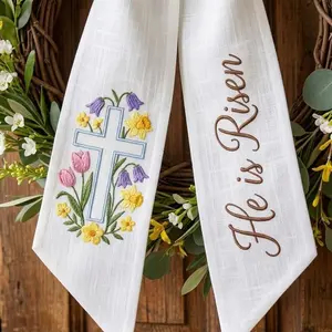Custom Embroidered Christian Cross Flowers Wreath Sash, He Is Risen Easter Home Decor, Christ Sash Basket Bow, Easter Wreath Ribbon