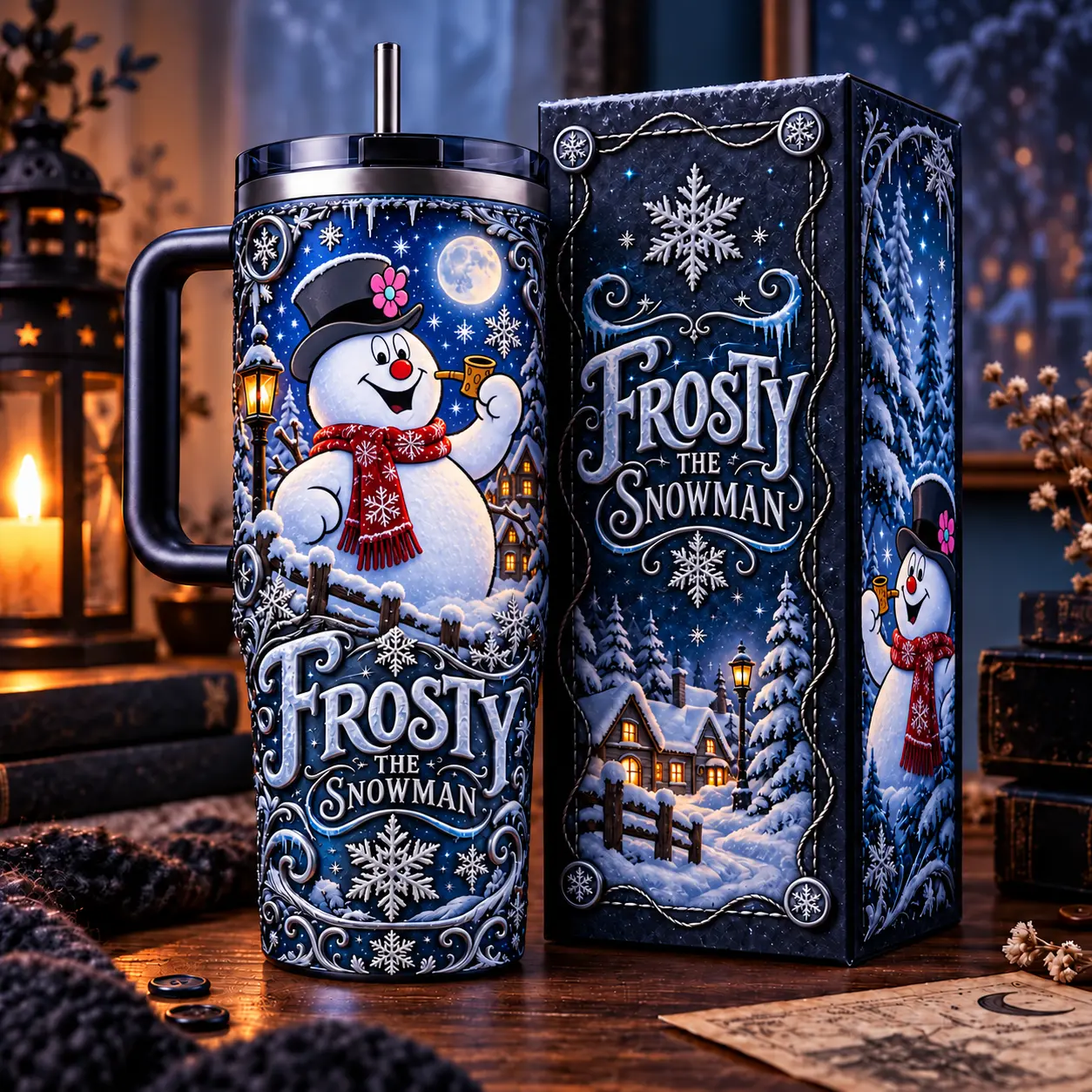 Frosty the Snowman Inspired 40oz Tumbler with Handle & Straw, Christmas Snowman Insulated Travel Cup, Winter Holiday Drinkware, Xmas Gift for Snowman Lovers