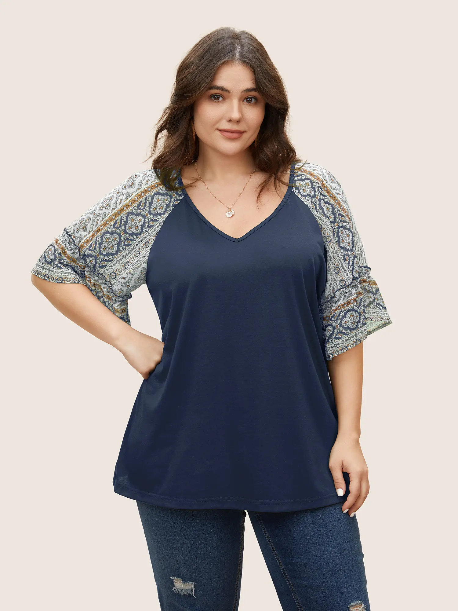 BLOOMCHIC Plus Size Women's Bohemian Print Patchwork Spandex-Polyester Fabric T-Shirt - Fitted V-Neck Raglan Half Sleeve Curvy Clothing with Contrast Detail, Casual Elegance Summer Streetwear (Navy Blue/Indigo/Black, M-6X), Summerfinds