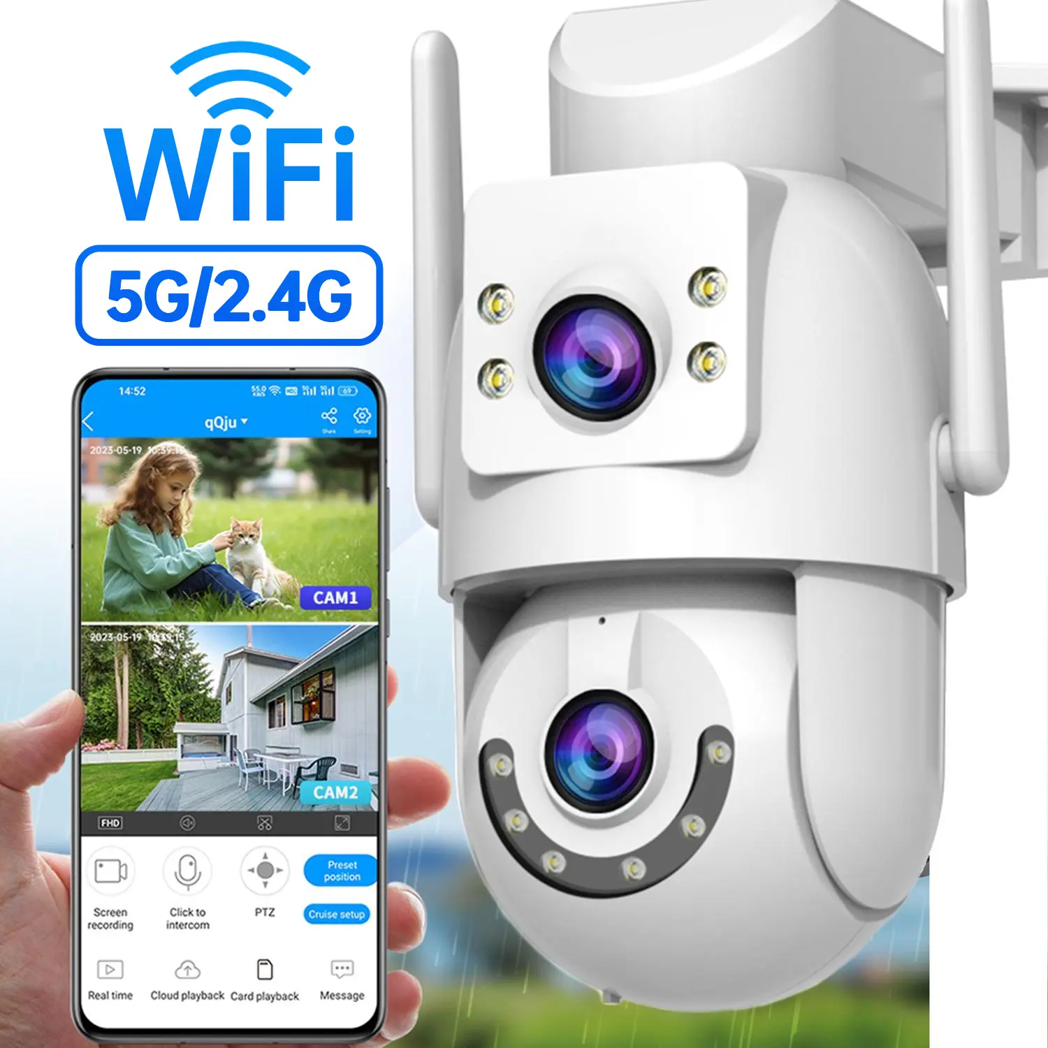 【JOOAN 5G/2.4G WiFi 2K 4MP Dual-Lens Outdoor Security Camera】360° PTZ Dual Screen, Color Night Vision, Outdoor/Indoor, Motion Detection Alarm, IP66 Waterproof, Auto-Tracking, Two-Way Audio, 24/7 Live View, SD/Cloud Storage (Optional), Alexa Compatible