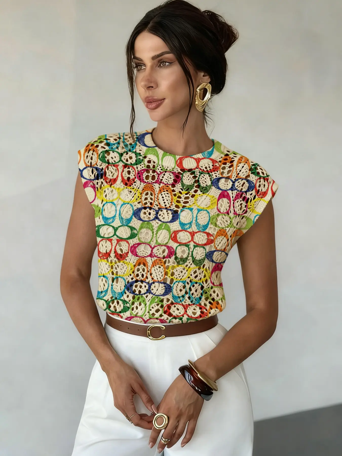 Geometric Pattern Colorblock Print Round Neck Sweater, Casual Sleeveless Knitwear Tops for Spring Summer Fall, Comfortable Warm Women's Clothing
