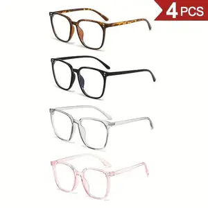 4-Pack Women's Blue Light Blocking Glasses | Trendy Oversized Square Frames in Tortoiseshell, Black, Clear & Pink - Anti-Fatigue, Flattering for Round Faces, Internet Celebrity Style, Perfect for Office, Study, Screen Time & No-Makeup Days