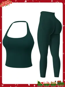 Two-Piece Set Women's Solid Seamless Crop Tank Top & High Waist Leggings Tracksuit Set, Sporty Casual Breathable Comfortable Outfits for Yoga Gym Workout Running, Ladies Sportswear Yoga Wear Fitness for All Seasons