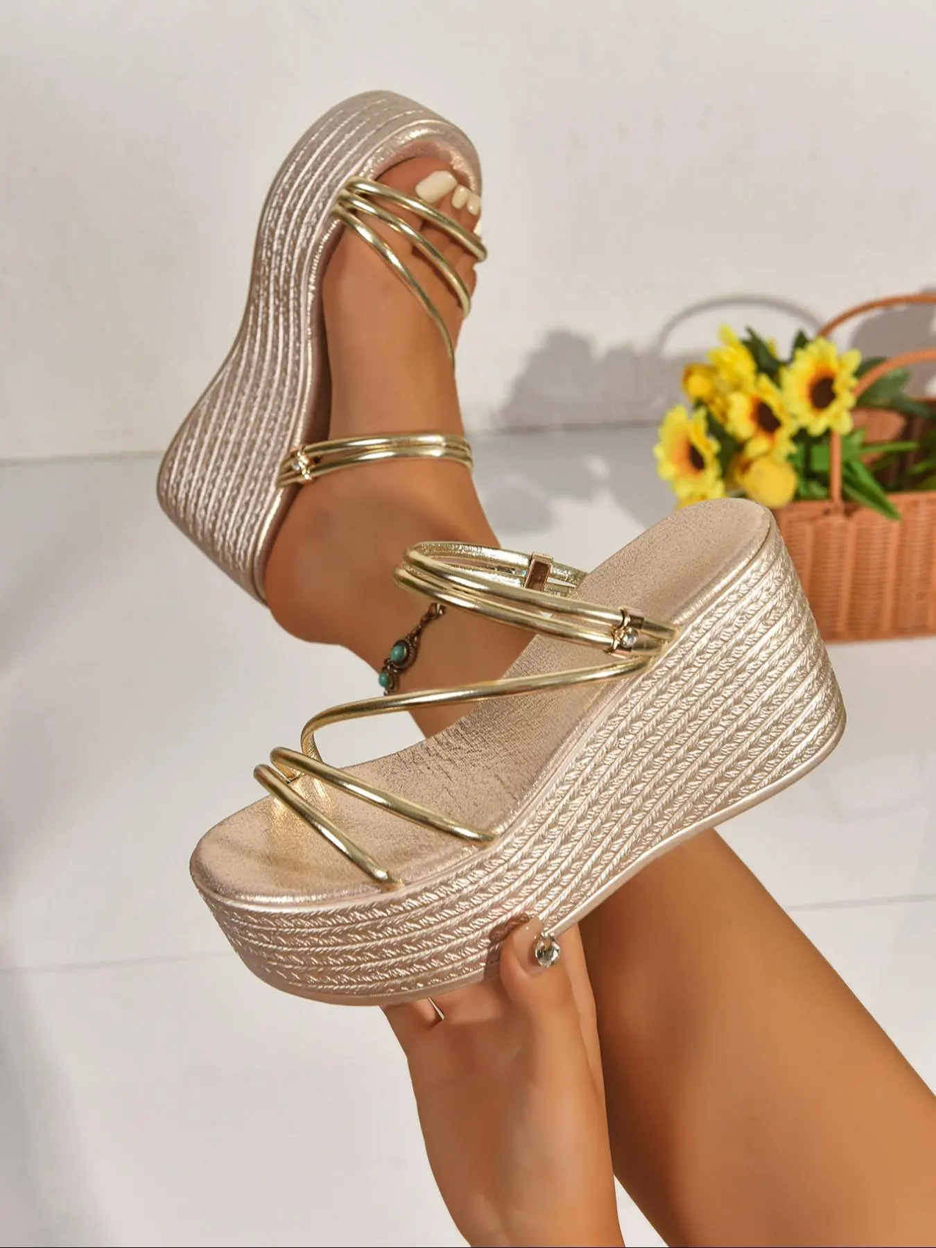 Women's Fashionable Metallic Espadrilles, Casual Comfortable Platform Sandals for Summer, Trending Elevated Sandals, Lightweight Breathable Shoes for Daily Wear, Girl, Flats Sandals, Casual Trendy Sandals, Fashionable Comfy Sandals