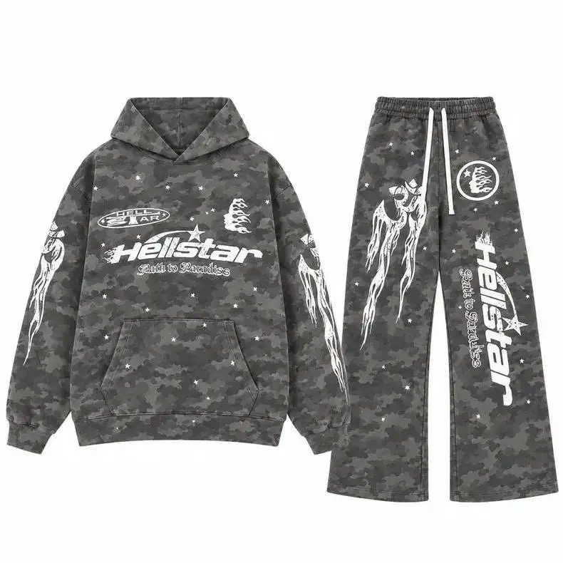 Hellstar Charcoal Camo Flame Star 2 Piece Hoodie and Sweatpants Set | Washed Grey Oversized Y2K Tracksuit | Unisex Camouflage Sweatsuit
