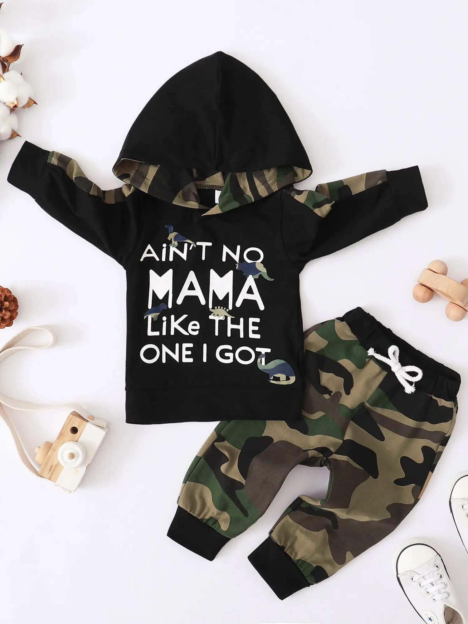 Toddler Boys' 2-Piece Outfit, Cozy Cotton Letter-Printed Hoodie Sweatshirt and Camouflage Pants Set with Elastic Waist Fit, Casual Cute Look for Daily Outings, Clothes
