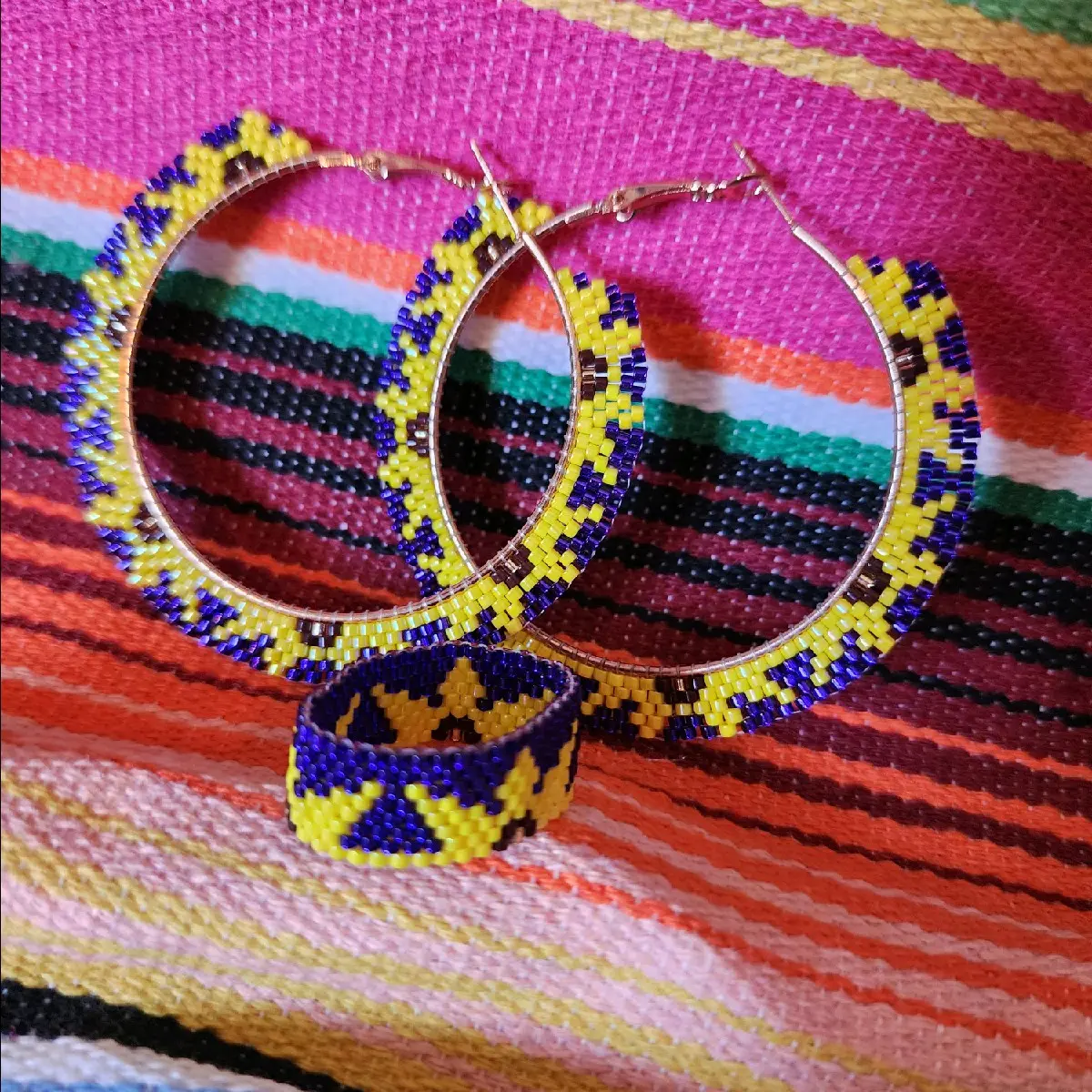 yellow and blue sunflower beaded hoop earrings