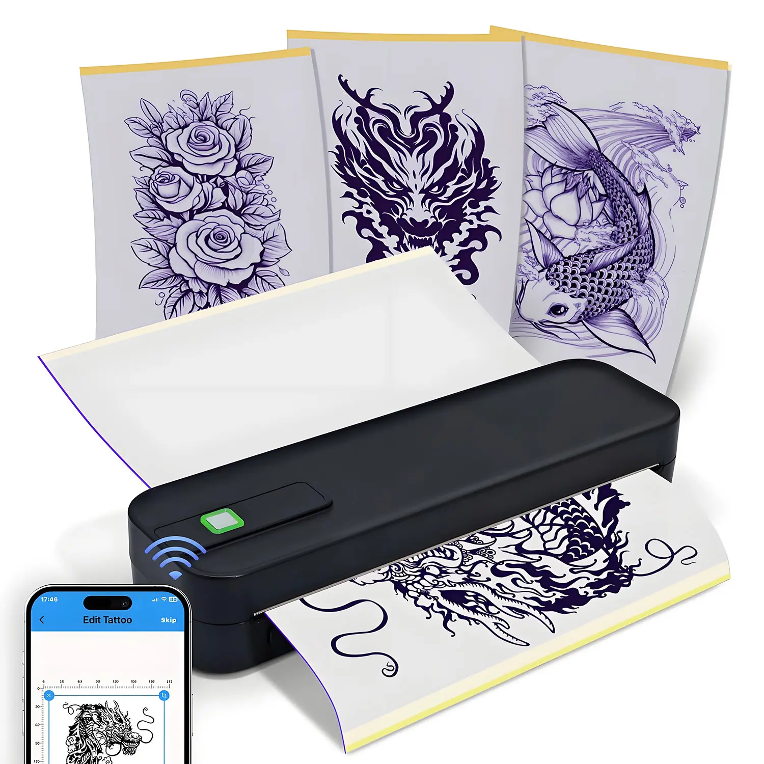 Portable Thermal Wireless Tattoo Printer, Inkless Mobile Printer, Inkless Travel Printer, Inkless Printing, Supports 8.5-11 Inch Paper, Compatible with Laptops & Smartphones, Includes 30 Tattoo Sheets, Portable Thermal Printers