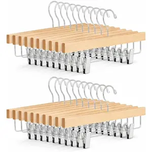 20 Pack Natural Wooden Pants Hangers with Adjustable Clips, Wood Skirt Hangers Trouser Hangers with 360° Swivel Hook for Jeans, Slacks, Shorts