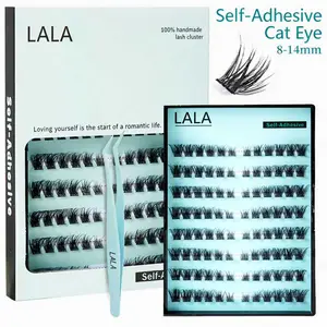 【CAT EYE】  LALA DIY Eyelashes Self Adhesive Lash Clusters Pre glued Eyelash Clusters No Glue Needed Lashes Wispy C-curly Cluster Eyelash extensions 8-14mm  pre-mappedIndividual Lashes Curler
