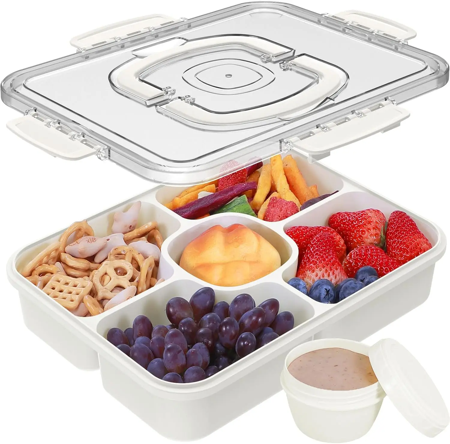 Kitchen 5-Compartment Leakproof Plastic Snack Container - Large 10.7-Cup Divided Tray with Lid, Dip Holder for Party, Picnic, BPA-Free Food Storage Dishwasher Safe, Portable