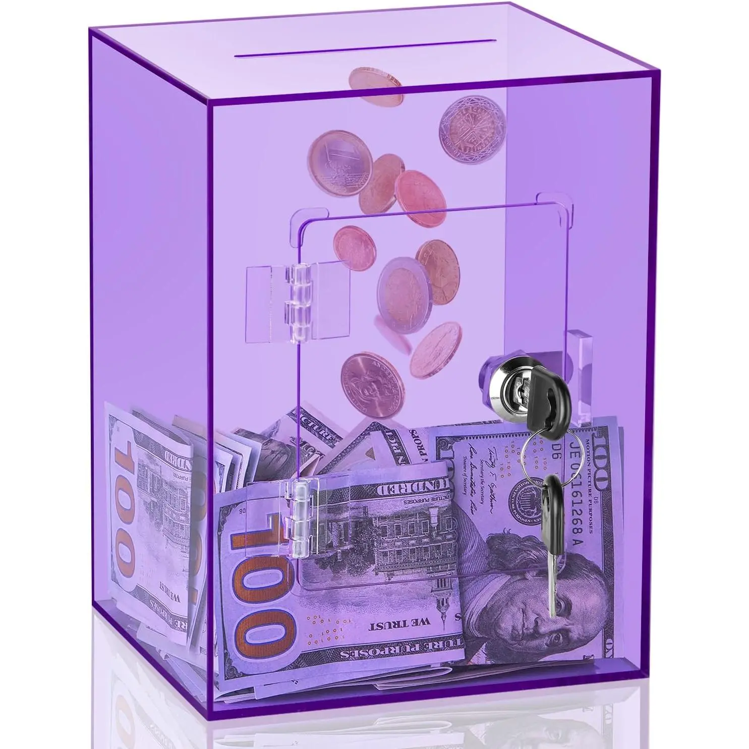 Clear Piggy Bank for Adults Kids, Large Acrylic Piggy Bank Money Saving Box for Cash Saving with Key, Openable Clear Acrylic Savings Jar for Real Money (Purple)