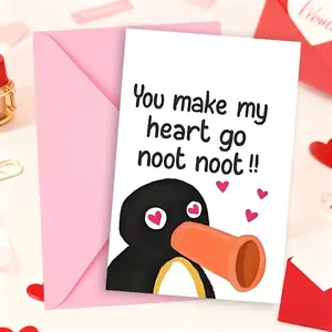 1pc “You Make My Heart Go Noot Noot!!” Penguin Love Card, Funny Valentine’s and Anniversary Greeting Card for Wife or Husband, Funny Dad Card, Adorable Cartoon Design, Paper Material