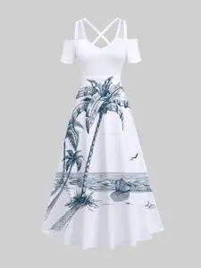 Rgothic Plus Size Women's Short Sleeve Print A-Line Dress - Coconut Tree Sea Boat Bird Print, Crisscross Cold Shoulder Straps, Flowy Fabric, Casual Spring Summer Gowns, Hawaii Casual Wear, Women's Clothes Midi Dress (Goth Cowgirl Style)