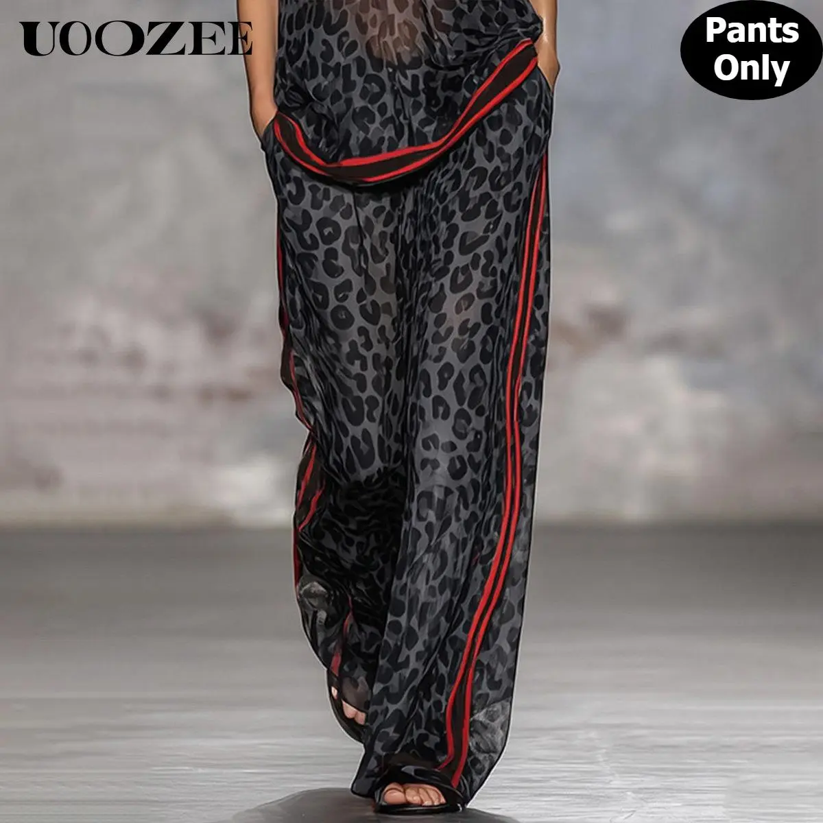 UOOZEE Women's Elegant Fashion Animal Print Wide Leg Palazzo Pants - Polyester, Elastic Waist, Lined Chiffon Bottoms with Pockets, Red Contrast Binding, Color-Sorted Wash, Summer Sheer Festival Trousers (Size Down for Slim Look), Street Style, Sporty, Mat