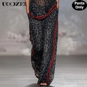 UOOZEE Women's Polyester Edgy Leopard Graphic Wide Leg Palazzo Pants, Elastic Waist Lined Chiffon Bottoms with Pockets, Red Side Stripes, Festival Matching Summer Sheer Trousers (Size Down for Slim Look)