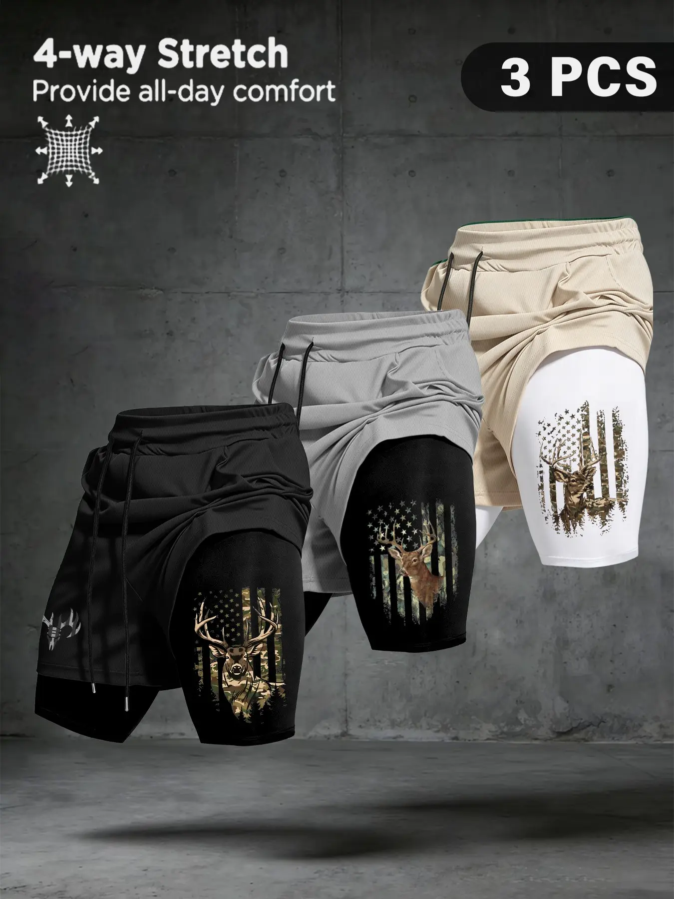 Men's Summer Trendy Flag Print Graphic Fitness Shorts, 3-Pack, Multi-Color, Dual-Layer Design, Ideal for Sports and Fitness, Streetwear Essential, Scrunch Active Shorts, Scrunch Gym Shorts