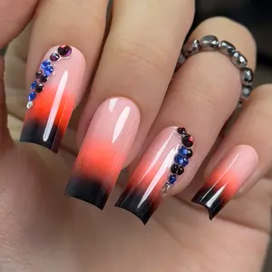 Curvlife long square  french; ombre Gel Press On Nails french nude glossy shiny Nail Art 2 Week Wear