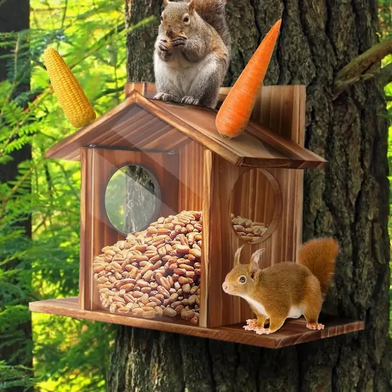 Wooden Squirrel & Chipmunk Feeder for Outdoor Winter Use, Ideal for Corn and Peanut Feeding