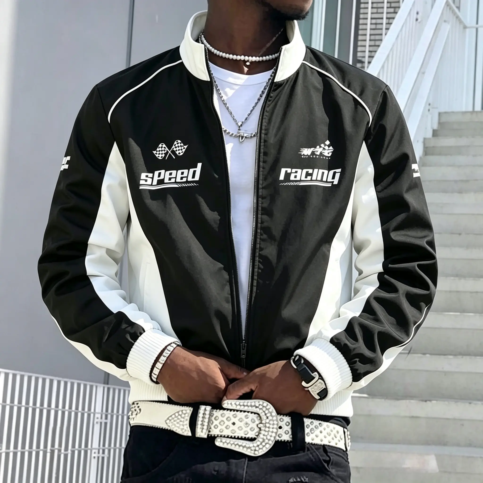 Men’s racing print color-block jacket, stand collar windproof outerwear, street-style casual zip-up top