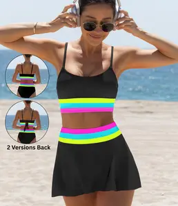 Popvil Beach Ball & Kayaking 3 Pieces Bikini Set,  High Waisted, Tummy Control, Neon Patchwork Swimsuit with Skirt, Sporty Swimsuits