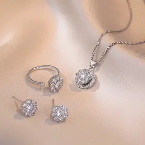 3PCS Jewelry Set, Necklace for Women, Trendy Style Rotatable Ring Earrings Titanium Steel Necklace Three-Piece Set Zircon Clavicle Chain