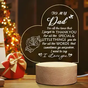 Acrylic Illuminated Night Light with Wooden Base, Heart Shape Light, USB Powered Personalized 'i Love You, Dad' LED Plaque, Perfect Christmas Birthday Thank You Gift