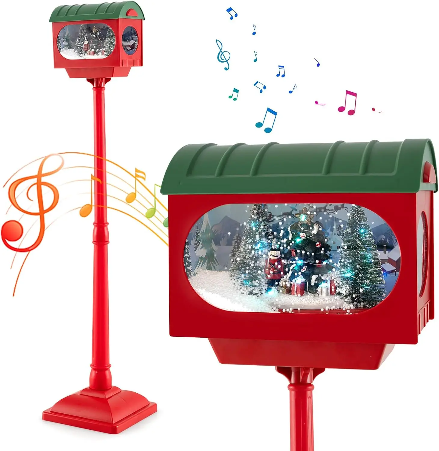 COSTWAY Christmas Streetlamp, Sound-Activated Spinning Streetlight Decoration with Warm White LED Lights, Music, Snowy Effects & Santa Scene, Musical Christmas Lamp Post for Porch, Indoors