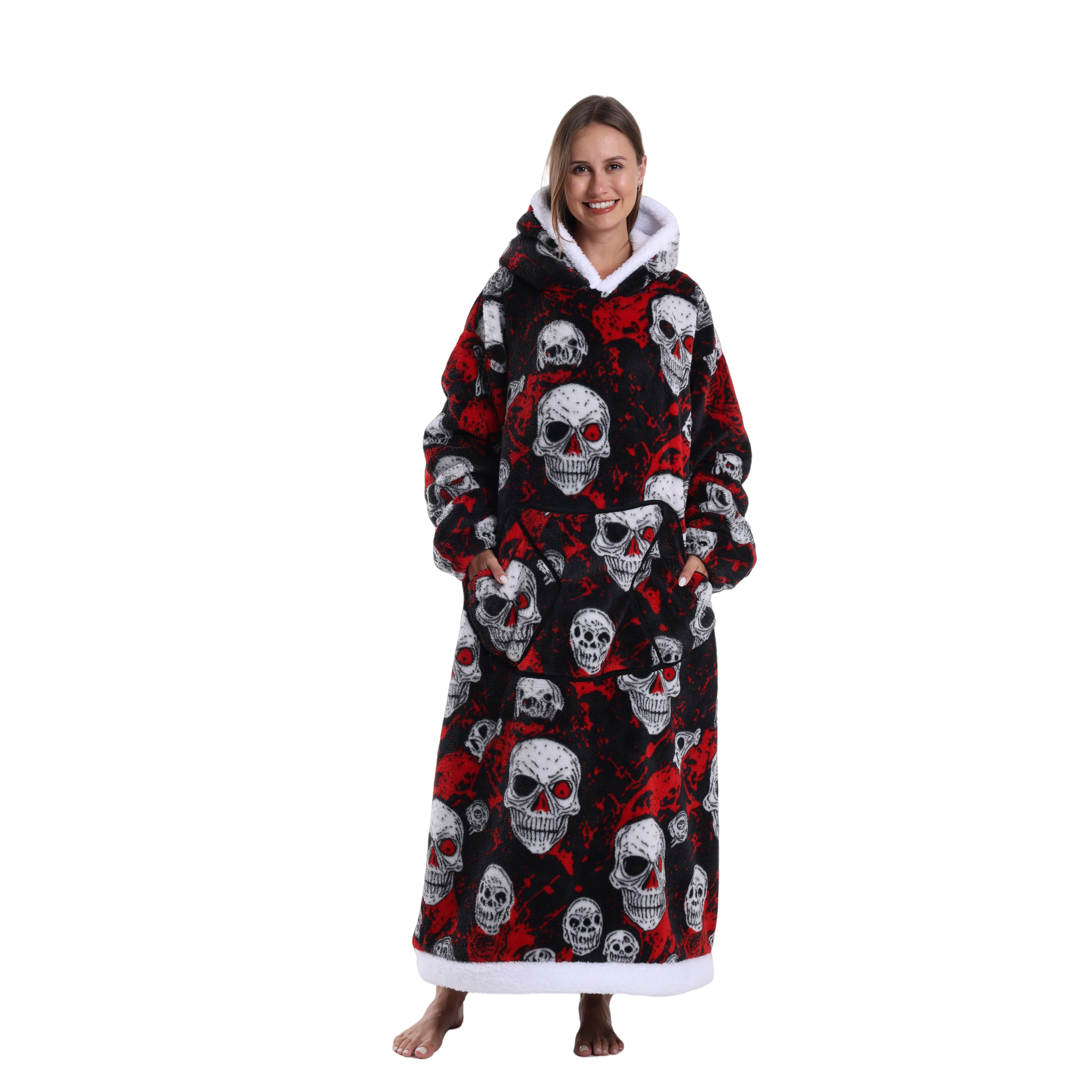 Women's Plus Size Hooded Fleece Wearable Blanket, Oversized Cozy Pullover with Pocket