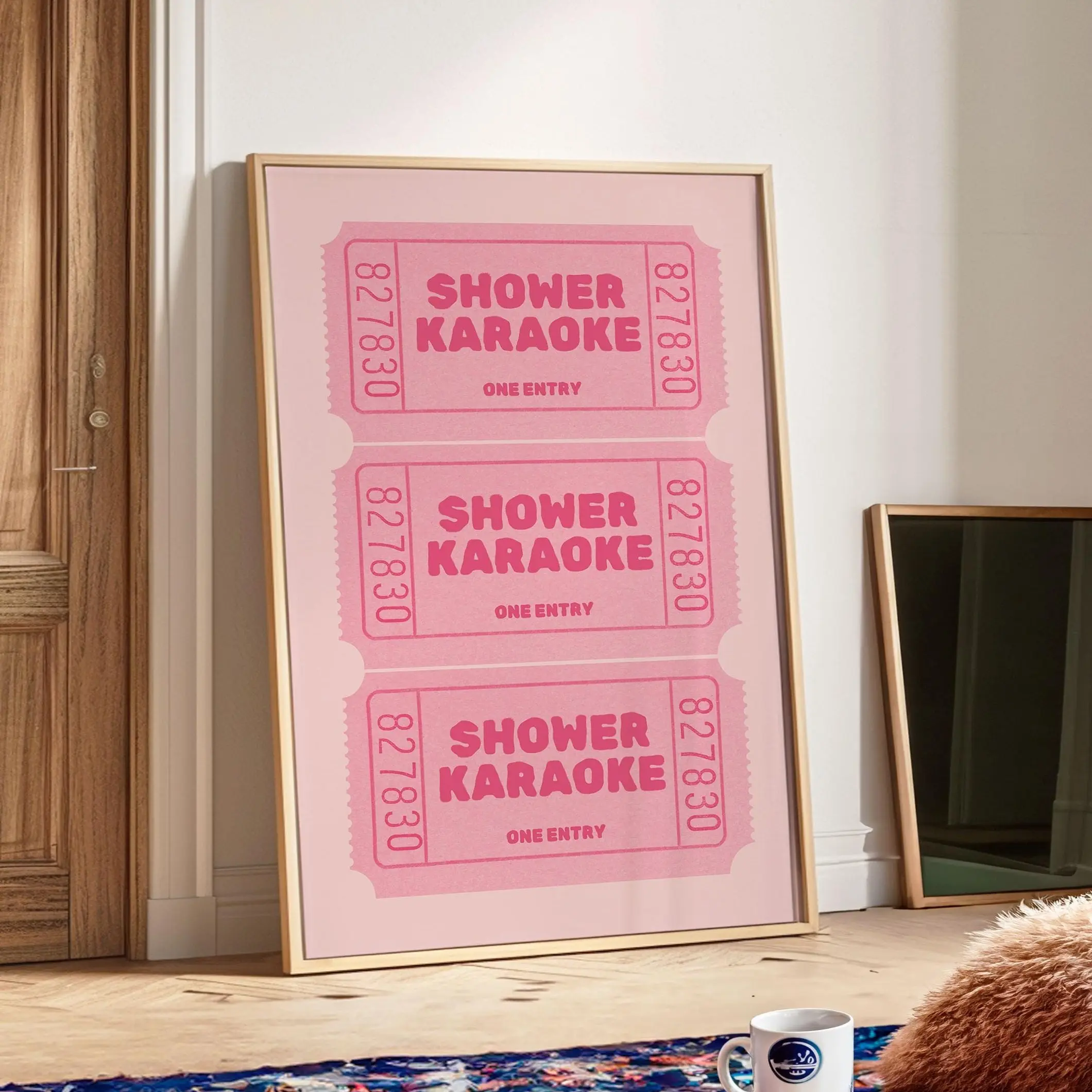 Shower Karaoke Singing Poster, Funny Bathroom ticket Print in Pink Pastel Vibrant Colourful Retro | Wall Decor Trendy Art Print