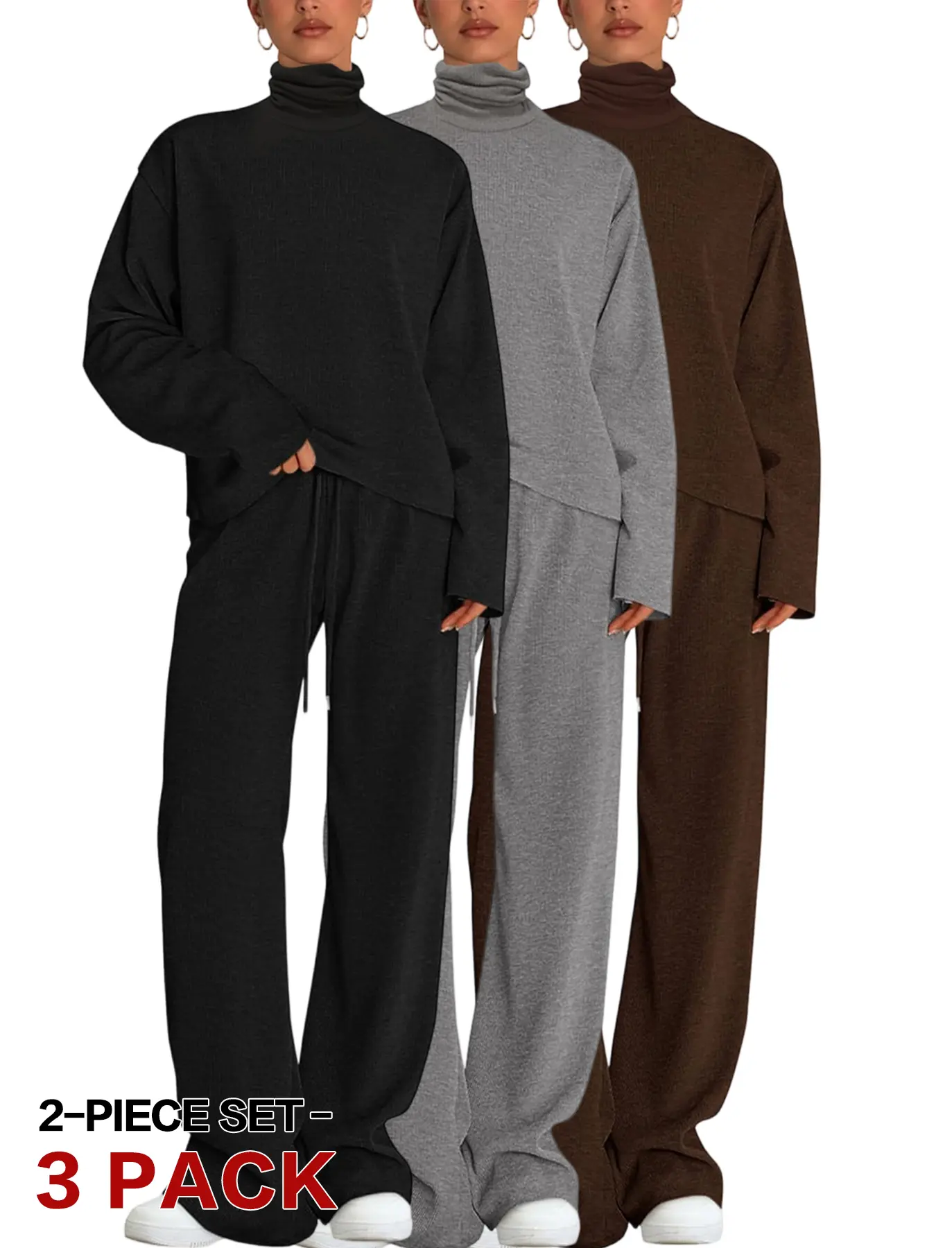 3-piece set - European and American old-money style women's long-sleeve turtleneck drop-shoulder sweatshirt and wide-leg pants set for autumn/winter, thick and soft with a fluid drape, relaxed streetwear set