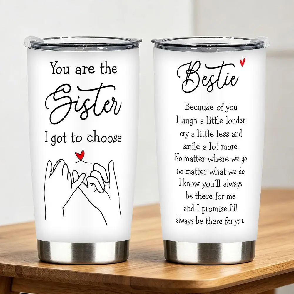 1pc Bestie Chosen Sister Tumbler, pink heart holding hands line art friendship quote print stainless steel insulated cup, 12/18/20/30/40oz multi-size travel mug, perfect birthday and holiday gift for female best friends, girls, besties