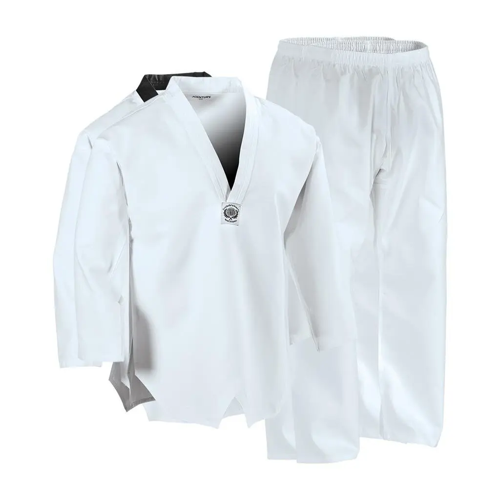 Traditional V-Neck TKD Student Uniform, 7 oz. Cotton-Poly Middleweight Fabric, Full-Length Elastic Waist Pants with Gusseted Crotch, Traditional Look, Enhanced Mobility, Imported, Full-Length Pants