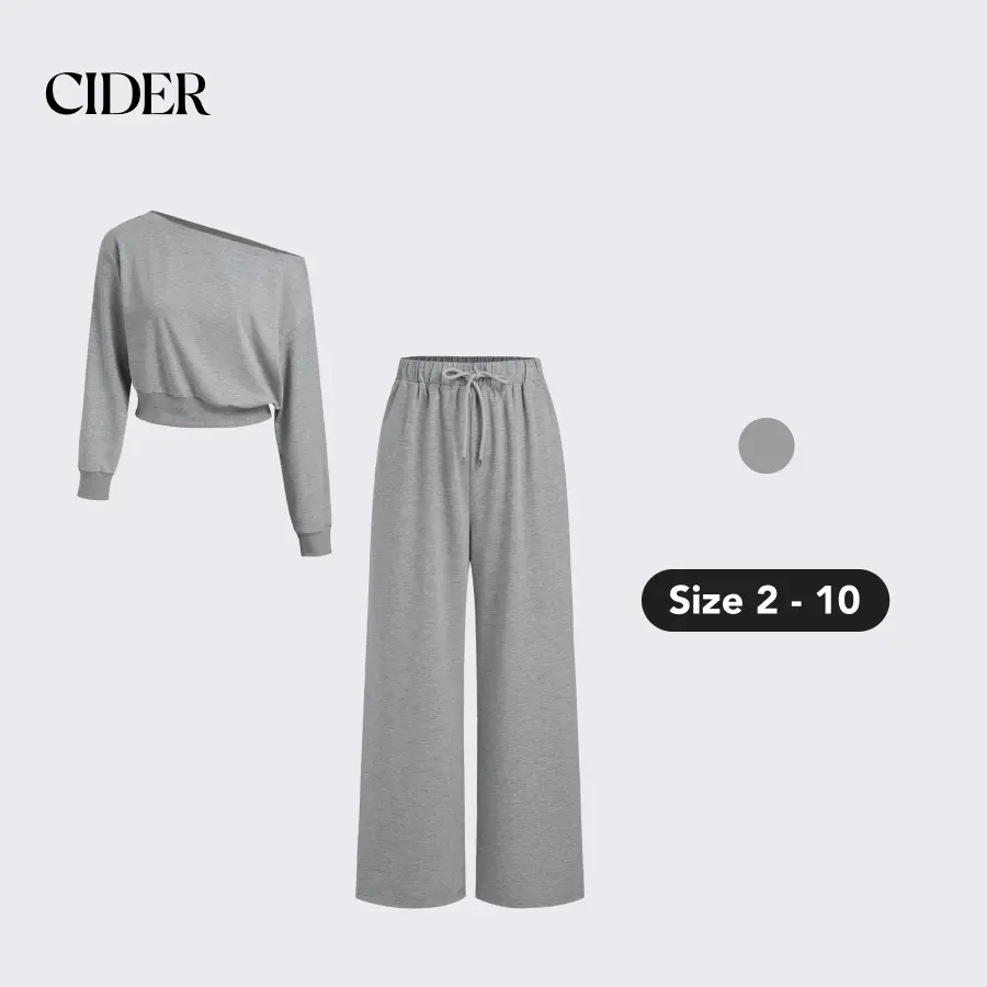 Cider [size 2-10] Terry Asymmetrical Neck Solid Long Sleeve Crop Top & Mid Rise Elastic Waist Knotted Wide Leg Trousers Set