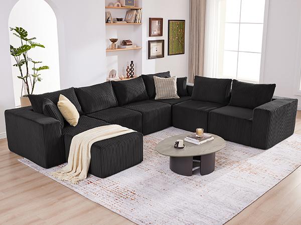 【4 packages】135.4" Cloud Couch Sectional, Sectional Sleeper Sofa with Deep Seat, Plush Corduroy U Shaped Boneless Couch, Convertible Modular Couches for Living Room, 7Seat