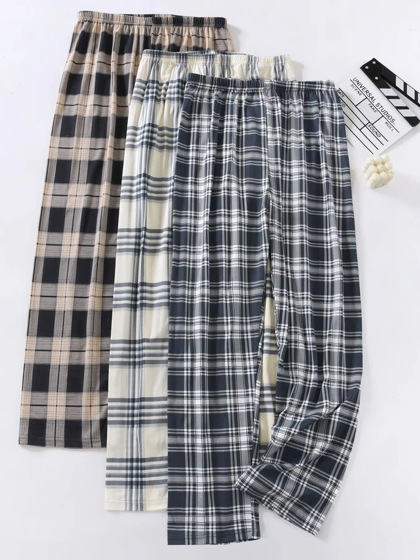 Men's Sleepwear Set, Three-Pack Comfortable Breathable Cotton Blend Plaid Checked Pajamas Pjs, Spring & Fall Essential Nightwear, Casual Soft Fabric Loungewear