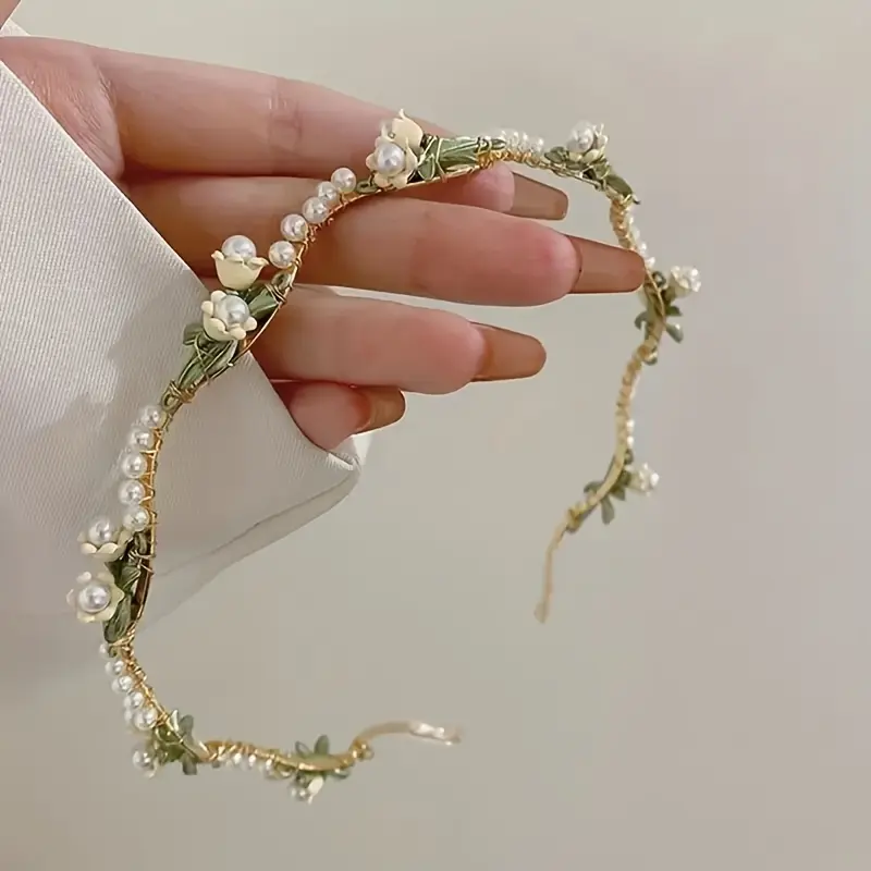 1pc Handcrafted Vintage Floral Headband for Women - Green Leaves & White Flowers Hair Accessory, 5 Inch Summer Wedding Bridal Hairband, Elegant Hair Jewelry for Casual & Formal Events, Wedding Hair Accessories, Formal Event Headwear