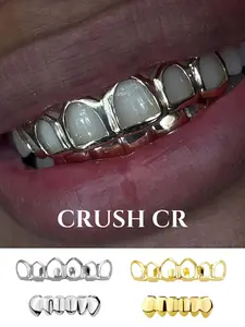 CRUSH CR Minimalist 14K Gold Plated Open Face Grillz Set for Women, Teeth Cover Girls, Hollow Teeth Design with Solid Bottom Grillz Removable Perfect for Daily Street Style, Brunch Dates, Festival Looks and Casual Hangouts, Timeless Y2K Dental Jewelry