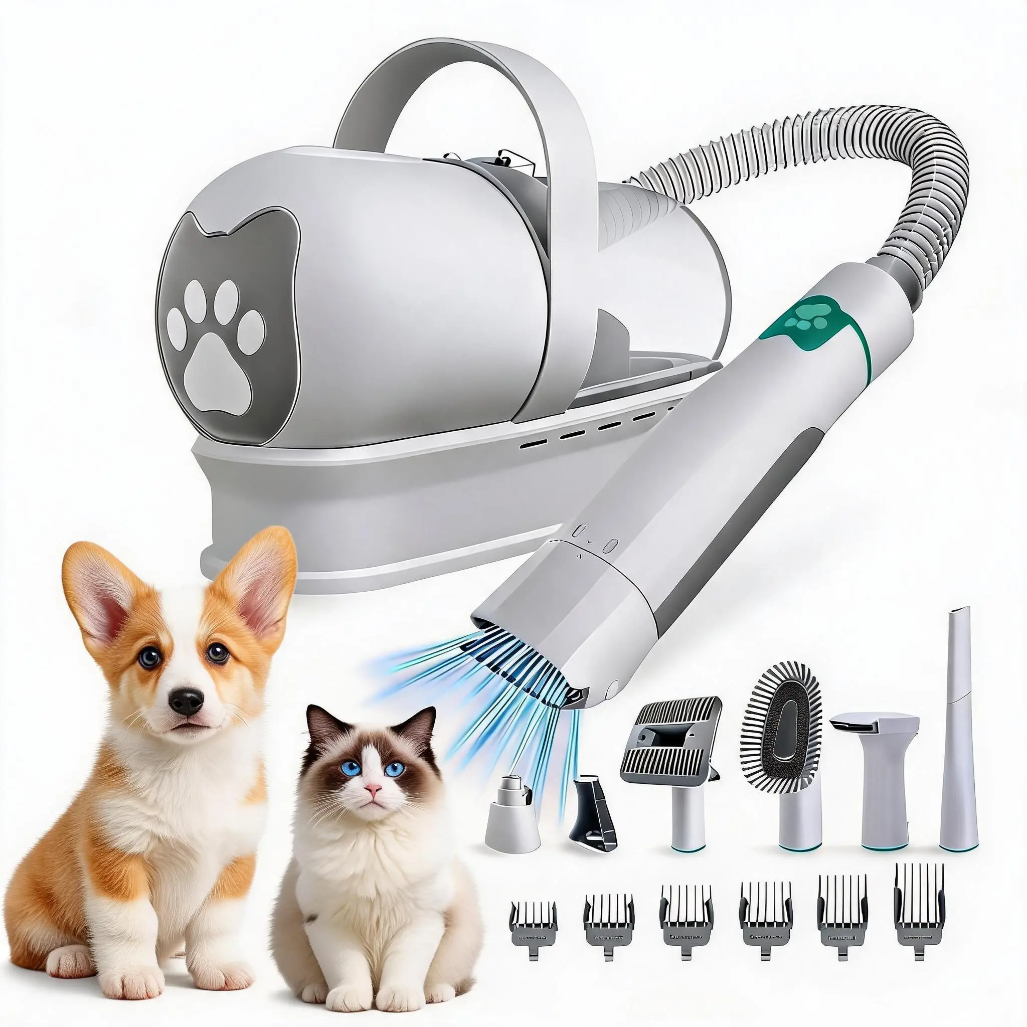 7-in-1 Pet Hair Vacuum and Groomer for Small Medium Dogs Cats, Daily Shedding Shaver with 6 Guide Combs, 1L Detachable Dust Cup Kit
