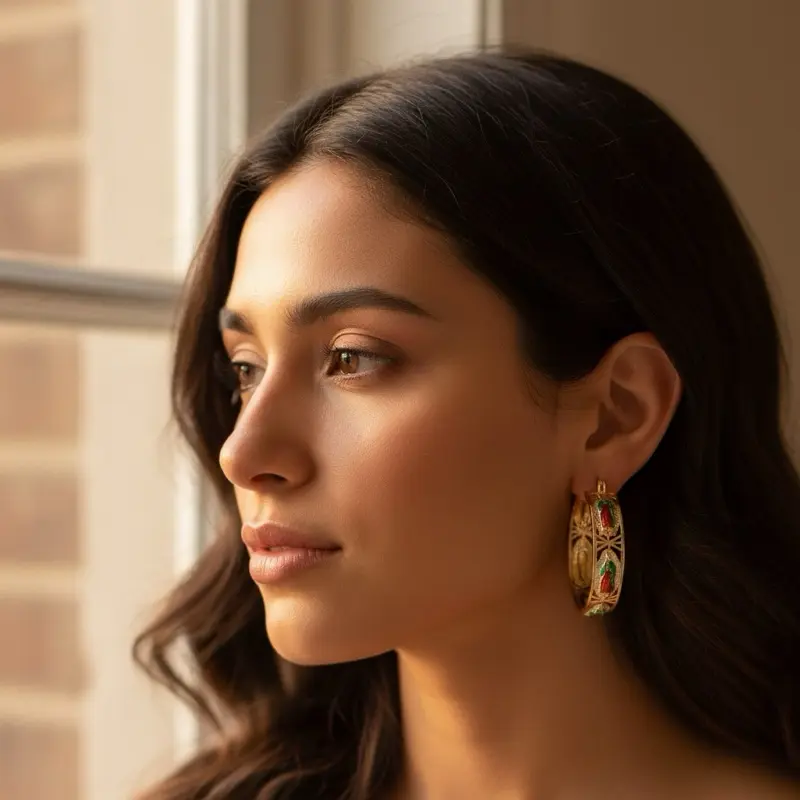 Virgin of Guadalupe Dangle Earrings, 14K Gold Plated Tricolor Design, 3.5 cm Diameter, 3 cm Width, Hypoallergenic Chic Style Mode Fashion Devotional Elegant Costume Jewelry