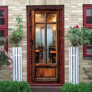 2pcs Vintage Cafe Decorative Door Wall Sticker Stereo Simulated Wood Grain Glass Door Decal Self Adhesive Removable Fake Door Mural for Restaurant Bar Living RoomVintage Cafe Decorative Door Wall Stick