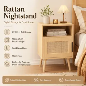 Super Rattan Nightstand 22.83 Inch Oak Bedside Table Side Table with Door Open Shelf Solid Wood Legs Accent End Table for Bedroom Dorm Small Spaces Boho Farmhouse Storage Cabinet Apartment Bedroom Furniture