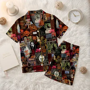 Women’s Retro Horror Movie Halloween Enjoyer Retro Ghost Pumpkin Short Sleeve Satin Pajama Set, Pajama Nighwear Set for Her
