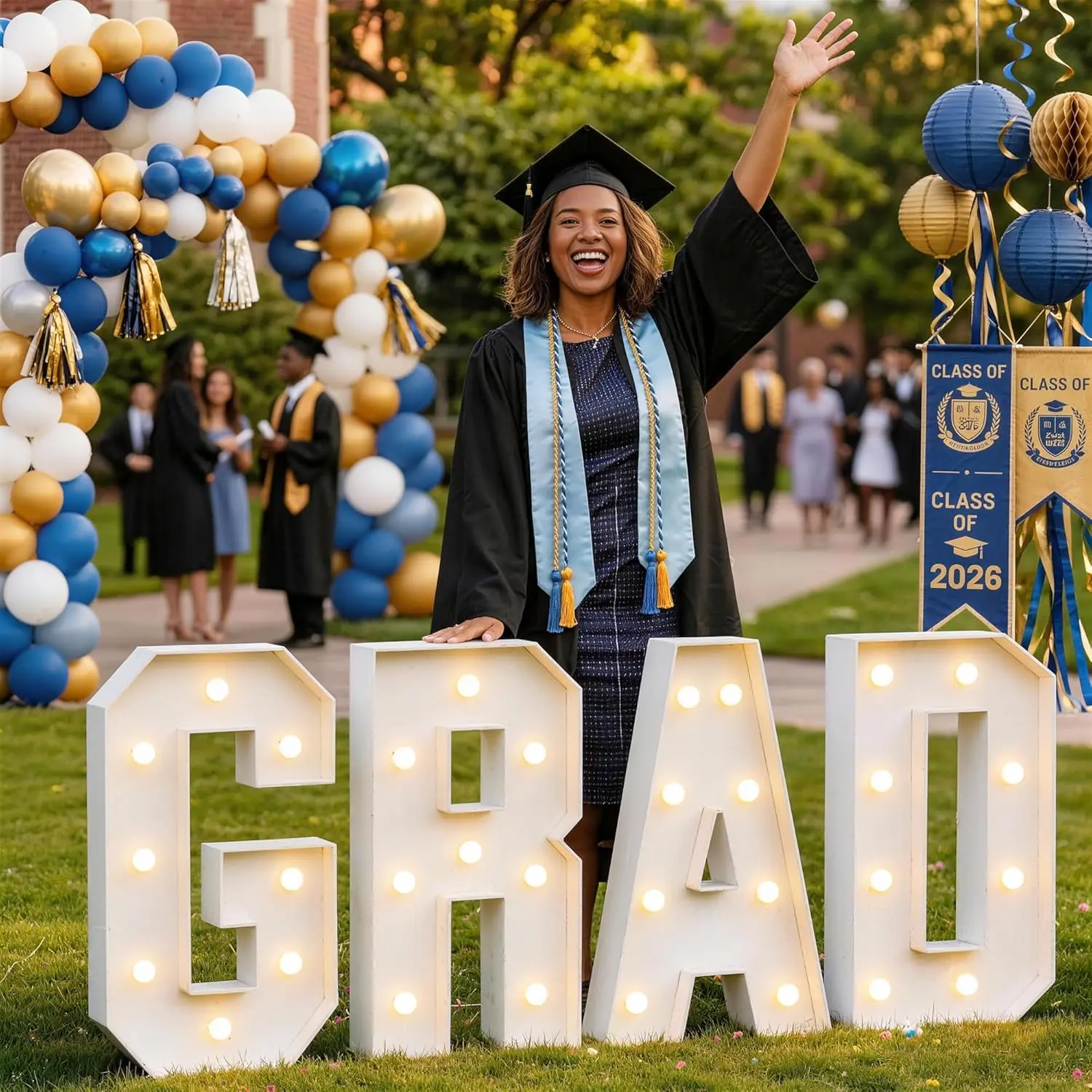 2.3ft 2026 Graduation Party Set, Pre-Cut Large GRAD Letters, Double-Sided Mosaic Foam Board DIY Sign, Non-Toxic Customized Congrats Supplies, Decorative Party Gift with Flowers for High School