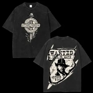 Red Dead Redemption 2 Arthur Morgan Wanted Poster Double‑Print Vintage Washed T‑Shirt, Anime OOTD show Western Game Oversized Graphic Tee, Retro Streetwear Pure Cotton Casual Top, Unisex Short Sleeve Apparel for Men Women Game Fans