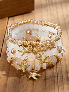 4pcs Bohemian Style Starfish Pendant Beaded Crystal Bracelet Set, Fashion Stackable Jewelry for Women, Beach Vacation Gift, Fashionable Bracelet, Beaded Bracelets